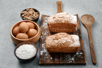 Kitchen utensils and products on grey background. Cooking master classes