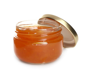 Jar with sweet jam on white background
