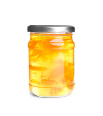 Jar with sweet jam on white background