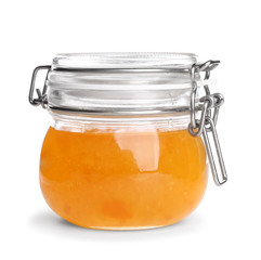 Jar with sweet jam on white background