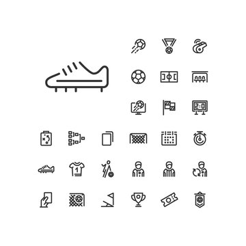 Soccer shoe icon in set on the white background. Soccer / football linear icons to use in web and mobile app.