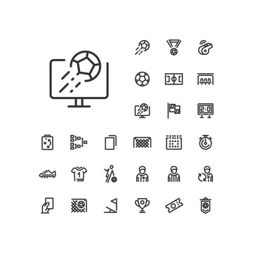 Soccer match on TV icon in set on the white background. Soccer / football linear icons to use in web and mobile app.