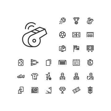 Whistle icon in set on the white background. Soccer / football linear icons to use in web and mobile app.