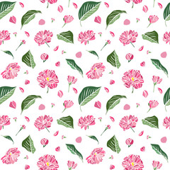 pink sakura flowers and green leaflets, seamless pattern