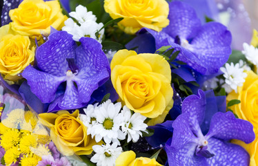 flowers, yellow roses, blue orchids, white chrysanthemums, flower bouquet, bride bouquet
