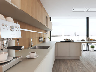 Fototapeta na wymiar modern nordic kitchen in loft apartment. 3D rendering