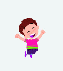 Boy in shirt jumping for joy.