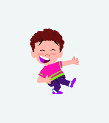 Boy in shirt laughing while teaching something to his left. 