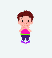 Boy in shirt shrugged in fear.