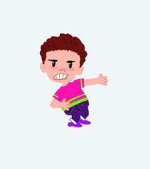 Boy in shirt shows very angry something to his left.