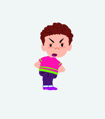 Boy in shirt is slightly angry.