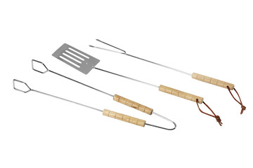 wooden handle on a white background tongs, fork and spatula