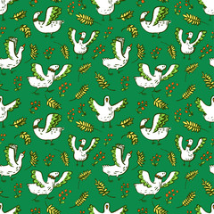 Seamless pattern with cute birds. Background with livestock pets and floral elements. Vector illustration