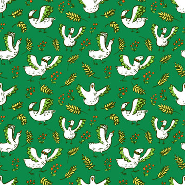 Seamless pattern with cute birds. Background with livestock pets and floral elements. Vector illustration