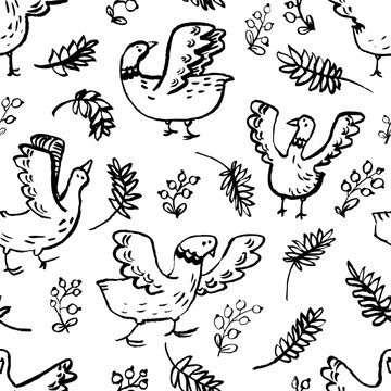 Seamless pattern with cute birds. Background with livestock pets and floral elements