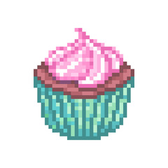 Chocolate cupcake with pink cream icing in a green baking cup, pixel art food icon isolated on white background . Appetizing muffin. Bakery logo. Dessert menu symbol. Old school 8 bit game graphics.