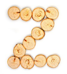 Alphabet letters made from Wood slice on white Background.z