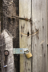 Old weathered shed door and modern unlocked padlock