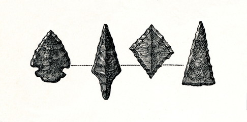 Stone arrowheads from prehistoric stilt-house settlement (from Meyers Lexikon, 1896, 13/754/755)