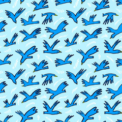 Doodle birds seamless pattern. Background  with funny flying animals in the sky. Vector illustration