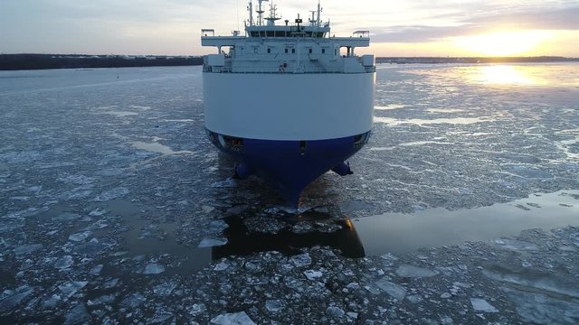 Aerial View Car Vehicle Carrier Ship Delaware Frozen River Philadelphia