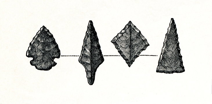 Stone arrowheads from prehistoric stilt-house settlement (from Meyers Lexikon, 1896, 13/754/755)