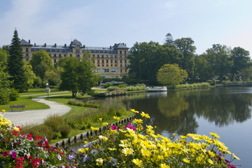 Colourful summer flowers by the lake at Bagnoles de l'Orne, Orne, Lower Normandy, France