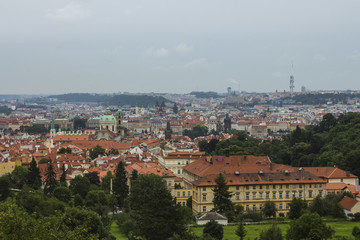 Fototapeta premium View of the Old Town of Prague from a high point. Red roofs, historical architecture. Czech Republic