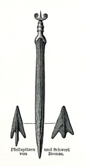 Bronze sword and arrowheads from prehistoric stilt-house settlement (from Meyers Lexikon, 1896, 13/754/755)