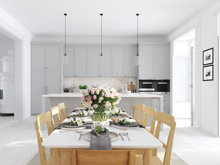 modern nordic kitchen in loft apartment. 3D rendering