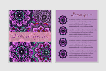 Flyers, brochure template set with mandala ornament. Lorem ipsum text on violet mandala background. Ottoman, arabic, oriental, turkish, indian, pakistan motif.