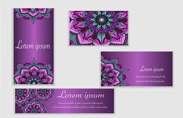 Flyers, visit card, banner template set with mandala ornament. Vector violet card design. Front page and back page. Ottoman, arabic, oriental, turkish, indian, pakistan motif.