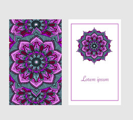 Flyers, visit card, banner template set with mandala ornament. Vector violet brochure design. Front page and back page. Ottoman, arabic, oriental, turkish, indian, pakistan motif.