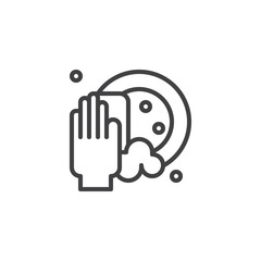 Clean dishes outline icon. linear style sign for mobile concept and web design. Hand holding sponge scrubbing the plate line vector icon. Symbol, logo illustration