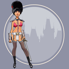 cartoon woman in sexy clothes imitating a soldier of the royal guard
