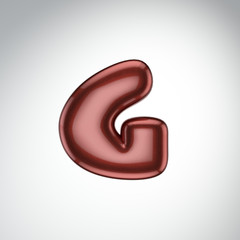 Glossy paint letter G. 3D render of bubble font with glint isolated on white background