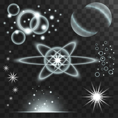 A set of sequins. Lights. Flash. Bright Effect on a dark transparent background. 