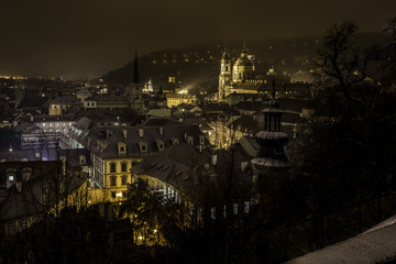 Romantic view of the night city of Prague in winter. Prague, Czech Republic