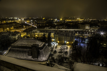 Romantic view of the night city of Prague in winter. Prague, Czech Republic