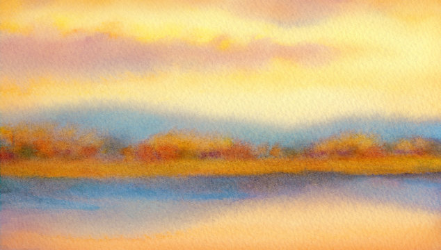 Watercolor landscape. Sunset over lake