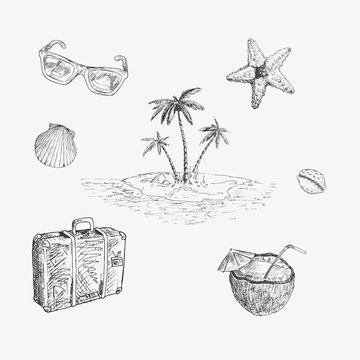 Sea travel set. Hand drawn illustrations