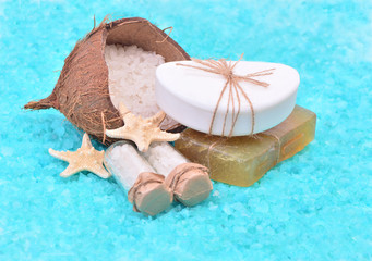Obraz na płótnie Canvas Soap, coconut, starfish and salt