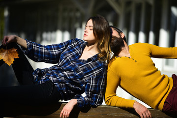 Couple in love spends time in park. Girl and guy