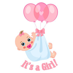 Newborn Baby Girl Shower Card Vector Illustration. It's A Girl. Kids Invitation Card Design.