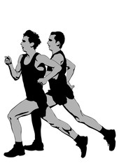 Athletes in a sporty uniform running a marathon on a white background