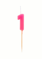 Candle in the form of one figures (numbers, dates) for cake isolated on white background. The concept of celebrating a birthday, anniversary, important date, holiday, table setting, cake decoration