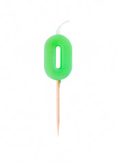 Candle in the form of zero figures (numbers, dates) for cake isolated on white background. The concept of celebrating a birthday, anniversary, important date, holiday, table setting, cake decoration