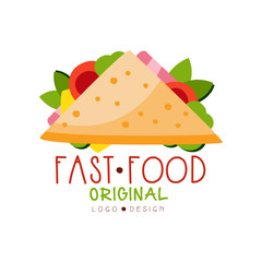 Fast food logo original design, badge with sandwich sign, fast food menu vector Illustration on a white background