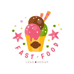 Fast food logo design, badge with ice cream sign, fast food menu vector Illustration on a white background