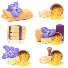 Fototapeta na wymiar Yellow soap and salt and blue flower for SPA
